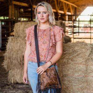 American West Fringed Genuine Leather Cowhide Cowgirl Messenger Bag
